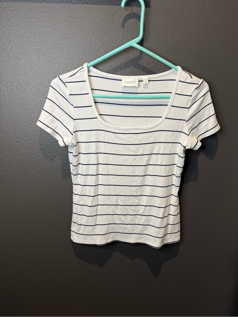 Cyrus White Tee with Navy Stripe Scoop Neck